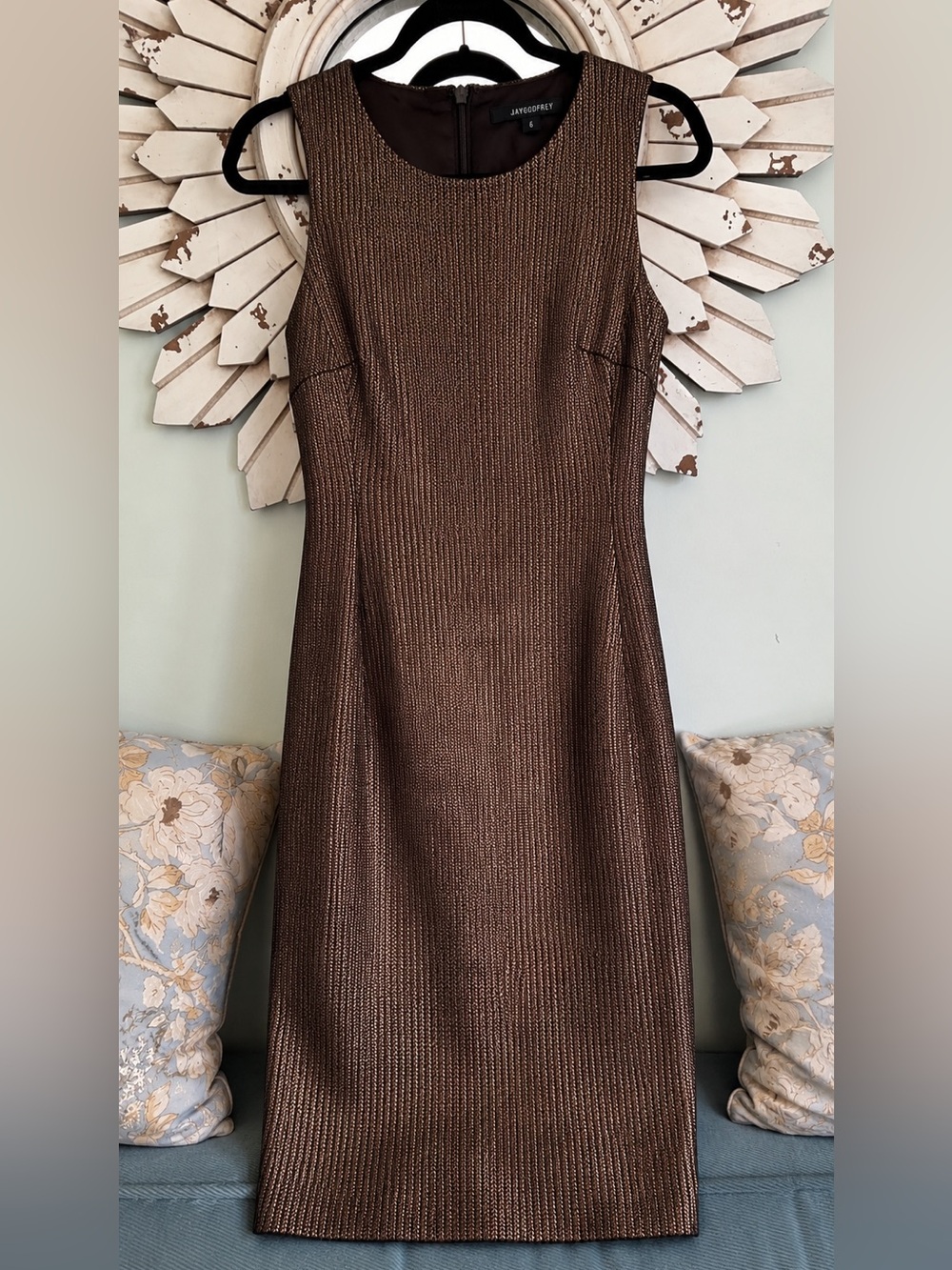 JAYGODFREY Bronze Shimmer Sheath Dress Size 6 Modern Glam Quiet Luxury